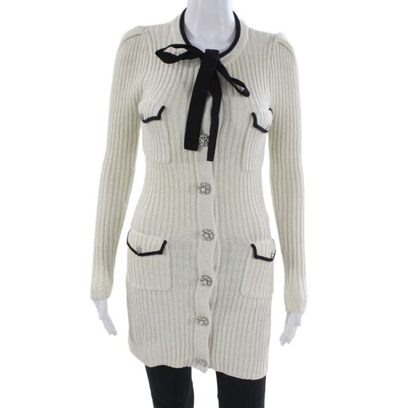 Self Portrait Sweaters - Self Portrait Womens Striped Button Cardigan White Crew Neck Long Sleeve Size S